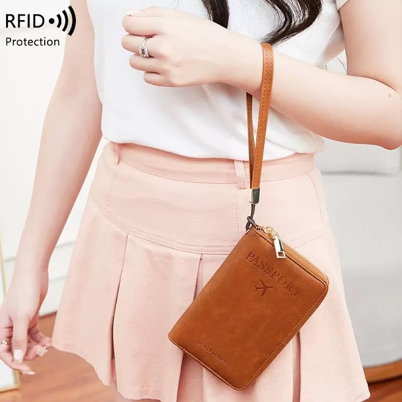 GLOLOOS Multi-Functional RFID Passport Wallet,Travel Wallet for Men & Women,With zipper, anti-theft passport holder，Slim Leather Cover for Credit Cards, Tickets, Cash (Brown) - Image 5